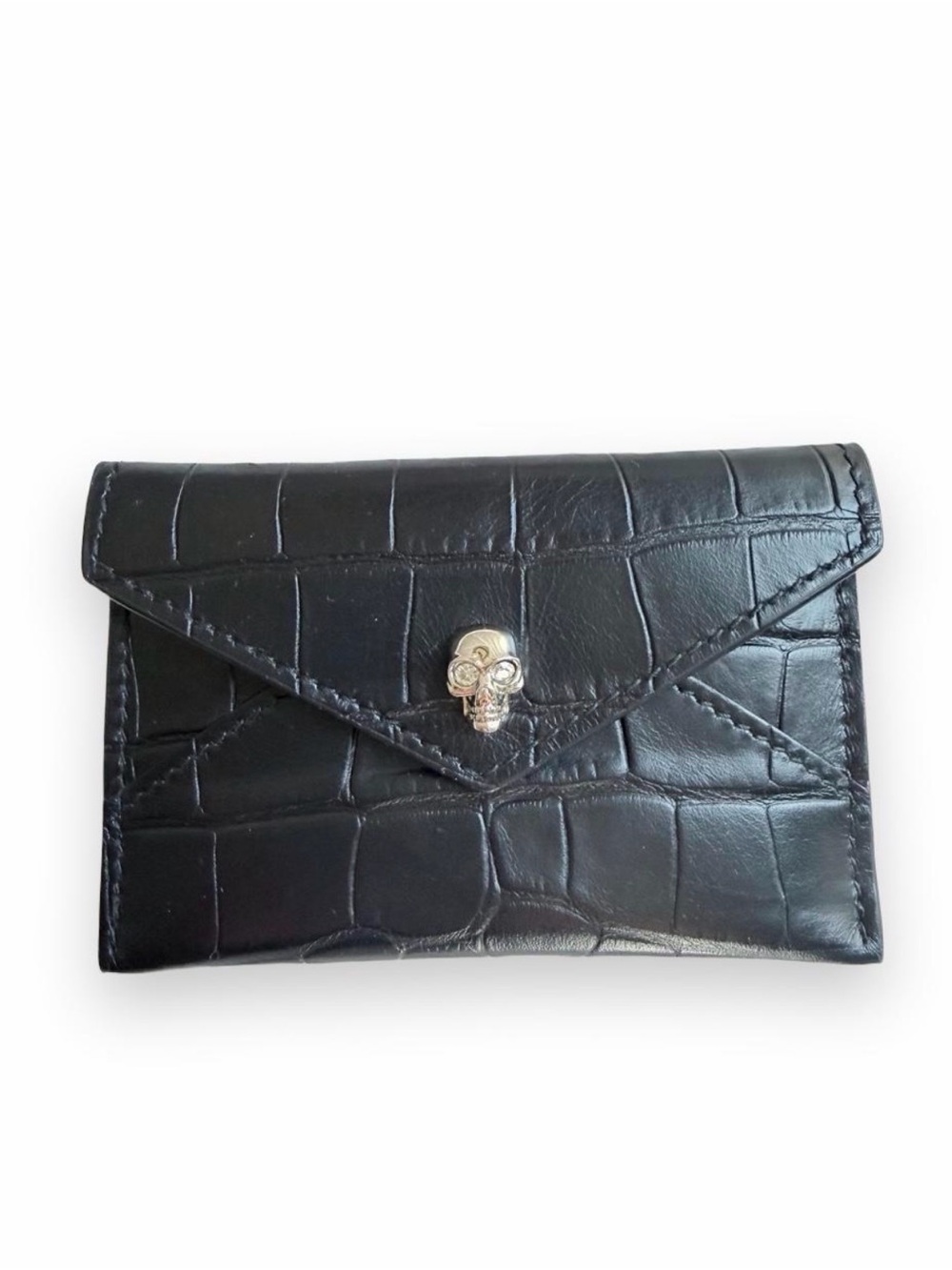 Alexander McQueen Black Skull Croc-Embossed Envelope Wallet / Card Holder